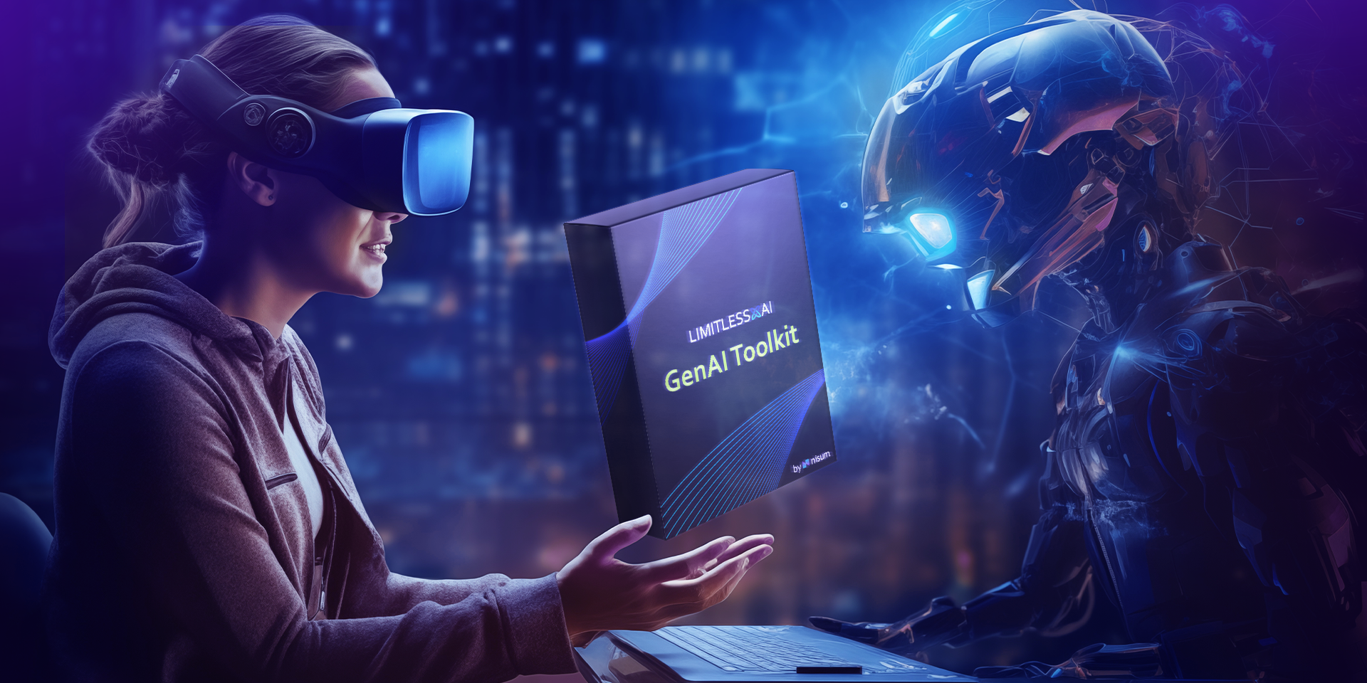 image of an person wearing VR glasses holding the Nisum Limitless AI Toolkit and showing it to an AI robot.