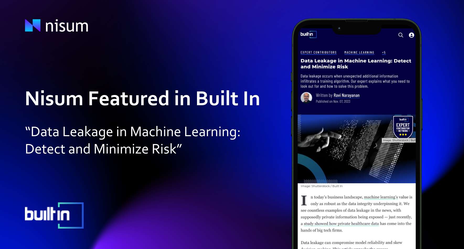 Customized graphic of the press release feature on Built In on data leakage by Ravi Narayanan.
