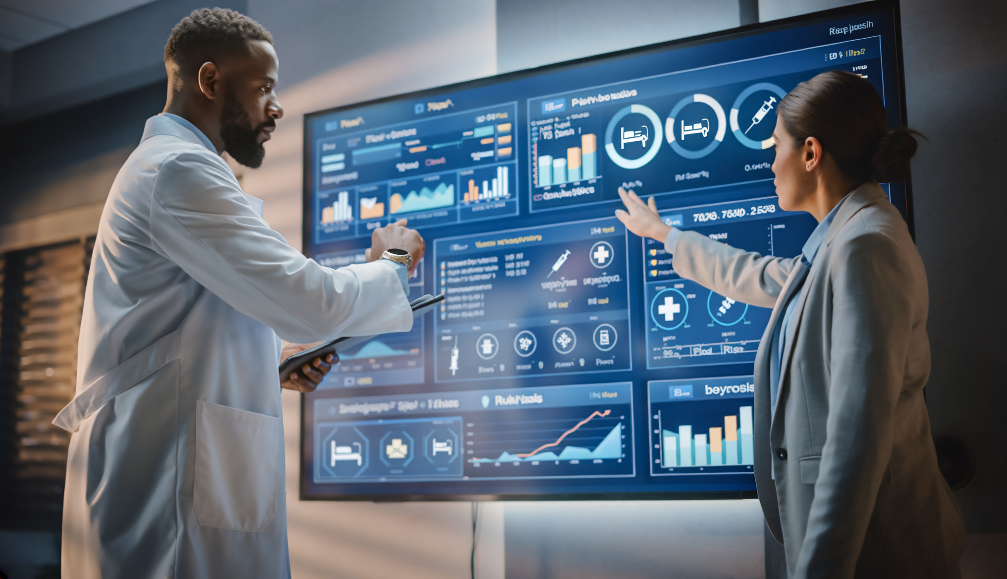 Hospital leaders reviewing AI powered dashboards to manage patient flow and operational performance.