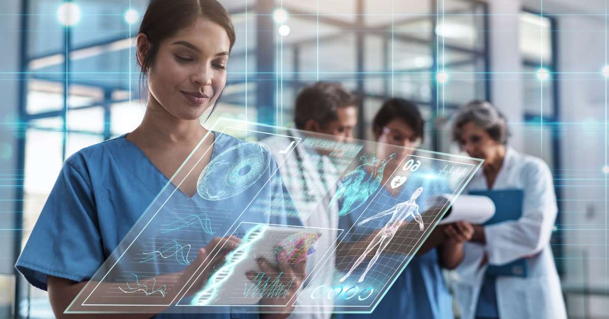 Doctor looks at an holographic screen of AI generated Healthcare related data